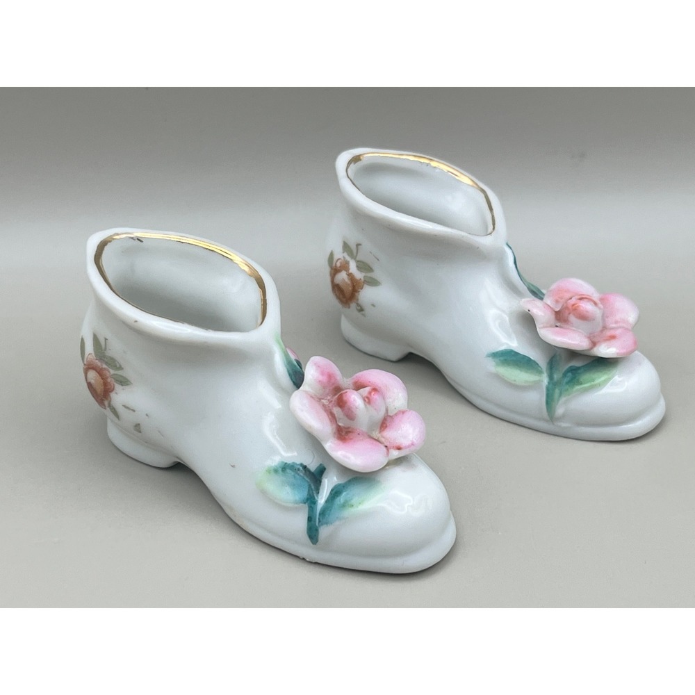 Vtg Porcelain Miniature Shoe Figurines w/ 3D Pink Roses Gold Trim Set 2 2.5"